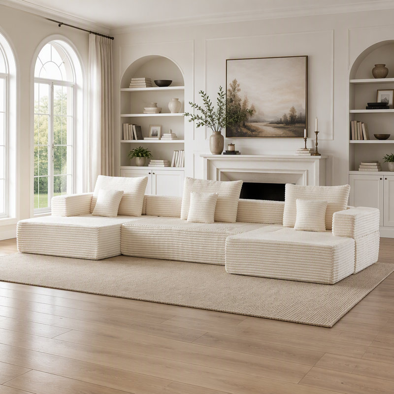 Canapé modulaire, En form de U, Velours côtelé beige