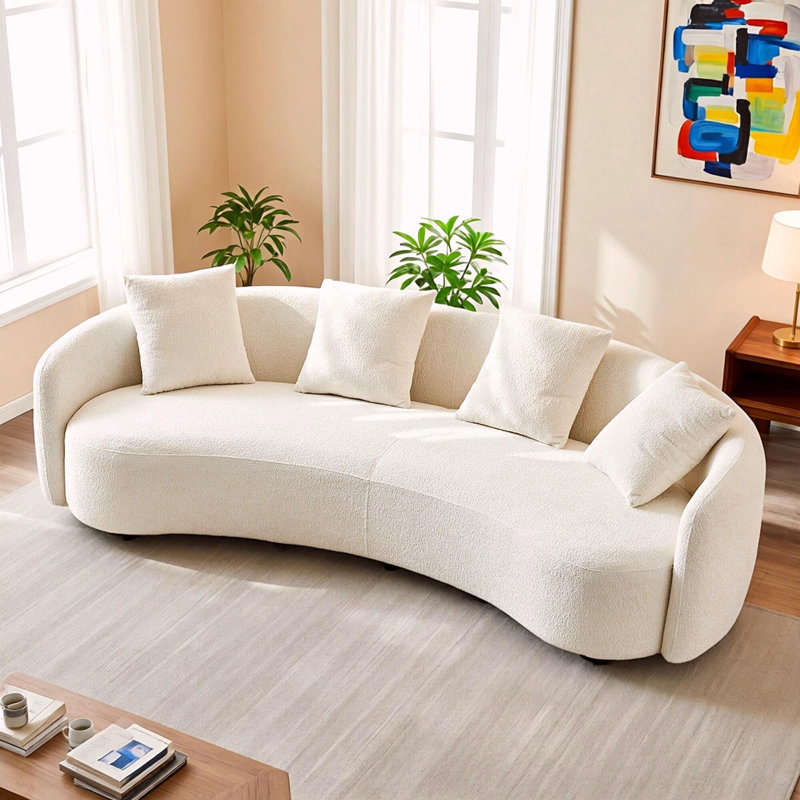 102" Curved Sectional Sofa With 4- pillows，Beige Boucle Upholstered Couch