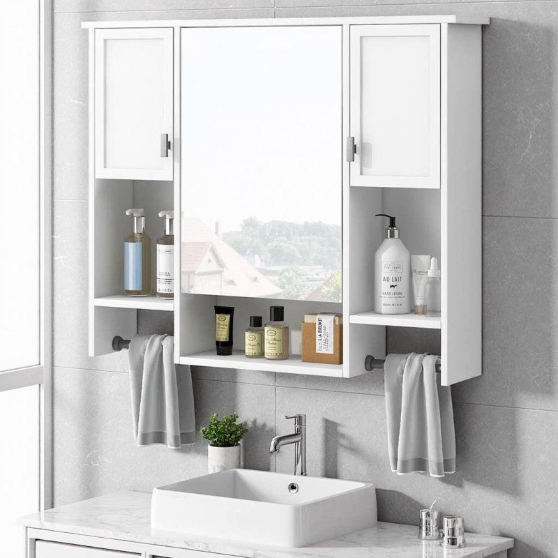 Armoire à pharmacie 3 portes 35 "x 28" avec miroir | Armoire de rangement murale avec barre à serviettes et tablettes réglables | Design moderne avec rangement dissimulé et ouvert