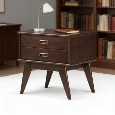 Table de bout rectangulaire Mid-Century en bois d'hévéa massif avec tiroirs Dangle