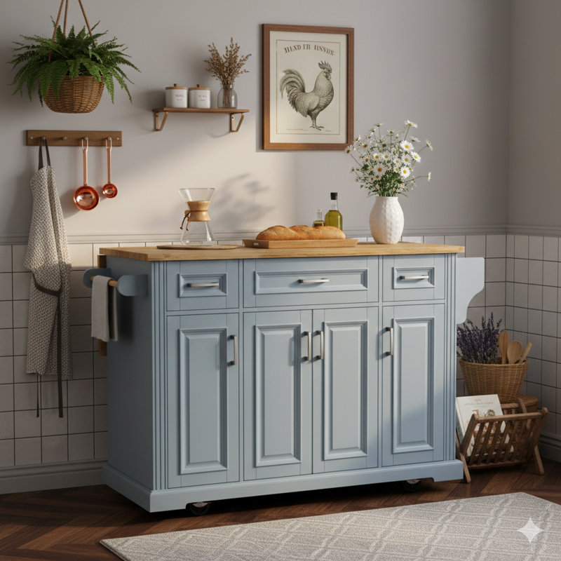 54-Inch Expansive Kitchen Island with Rubberwood Drop-Leaf, Embossed Textured Rolling Cart on 4 Casters, 4 Cabinet Doors, and 3 Drawers – Storage Solution for Kitchen and Dining Spaces, Grey Blue Finish