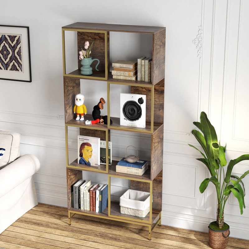 4-Tier Industrial Bookcase, Rustic Wood And Metal Frame, Asymmetrical Shelf Design, Display Storage Shelf