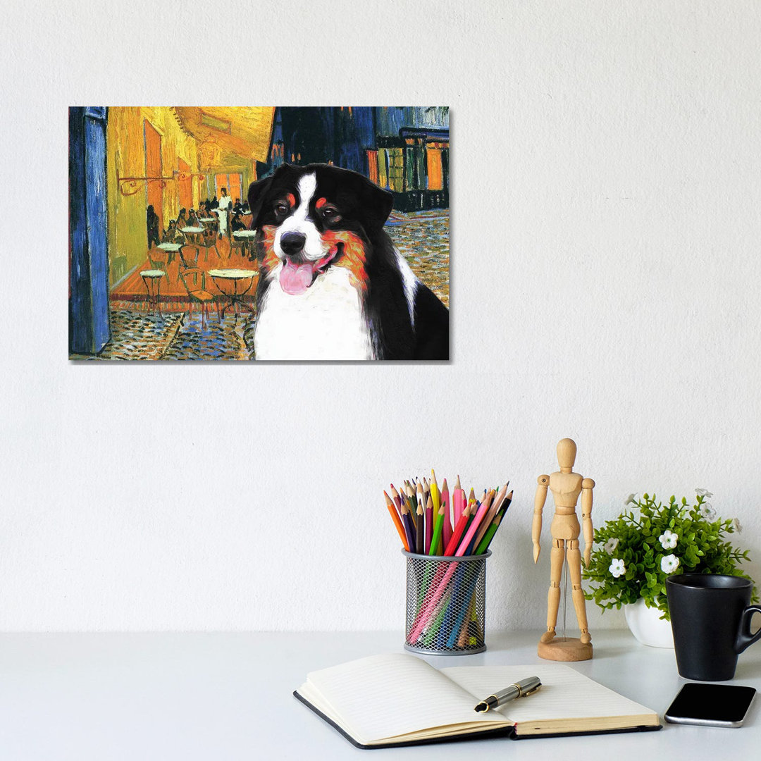 Australian Shepherd Aussie Cafe Terrace at Night - Wrapped Canvas Art Prints