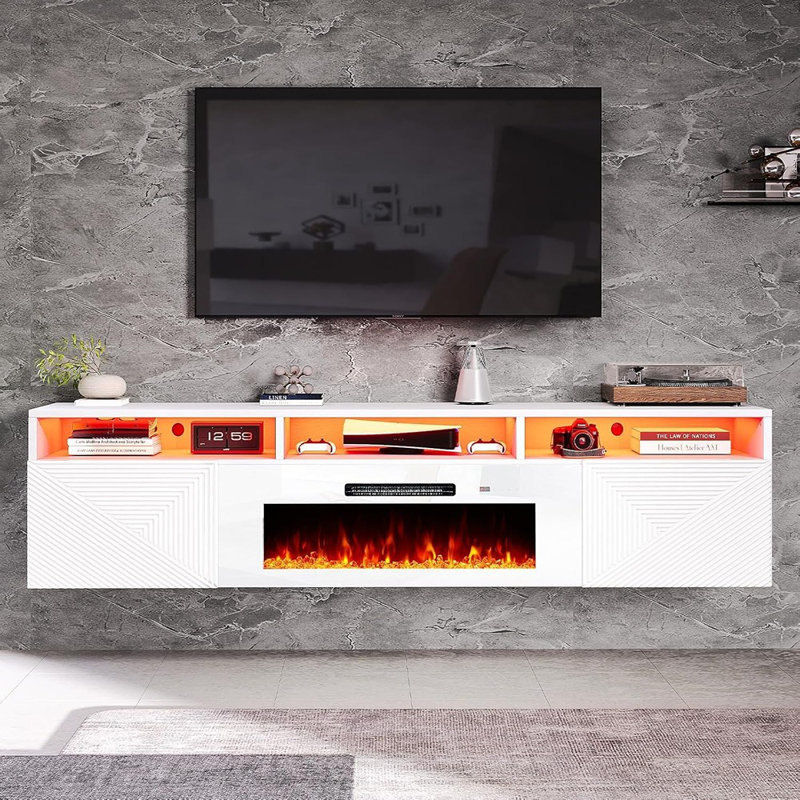 Meuble télé avec foyer flottant blanc - foyer électrique 36 po avec lumières DEL, centre de divertissement mural avec rangement pour téléviseur de 80 po ou moins