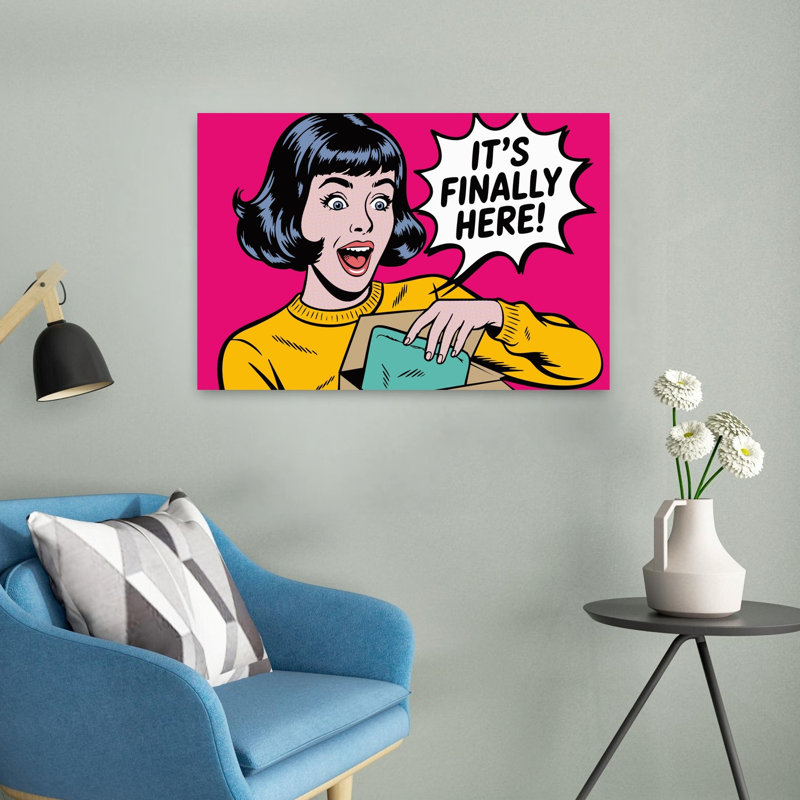 Excité, femme, déballage, rétro, art mural rétro, H 16 po x l 24 po
