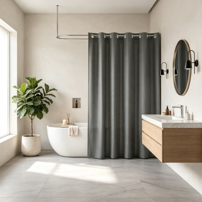 No Hooks Needed Shower Curtain Liner Set, Modern Weave Heavy Duty Fabric Cloth Shower Curtain with Snap-in Liner for Luxury Neutral Hotel Spa Bathroom Decor