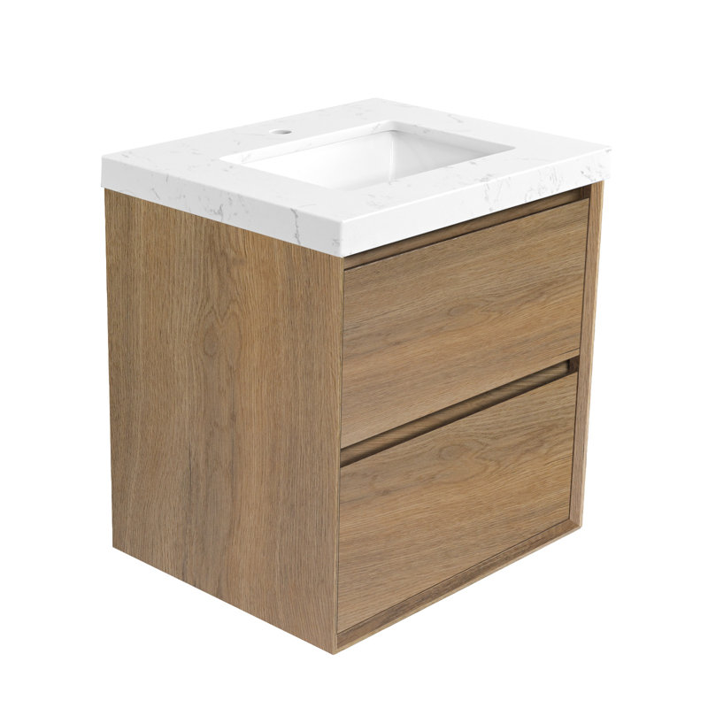 Wall-mounted Bath Vanity With Engineered Marble Top, 24", Natural wood