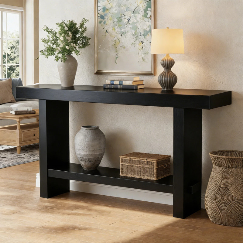 63" Solid Wood Console Table, Farmhouse Entryway Table For Hallway, Entrance, Living Room, Easy Assembly, Black