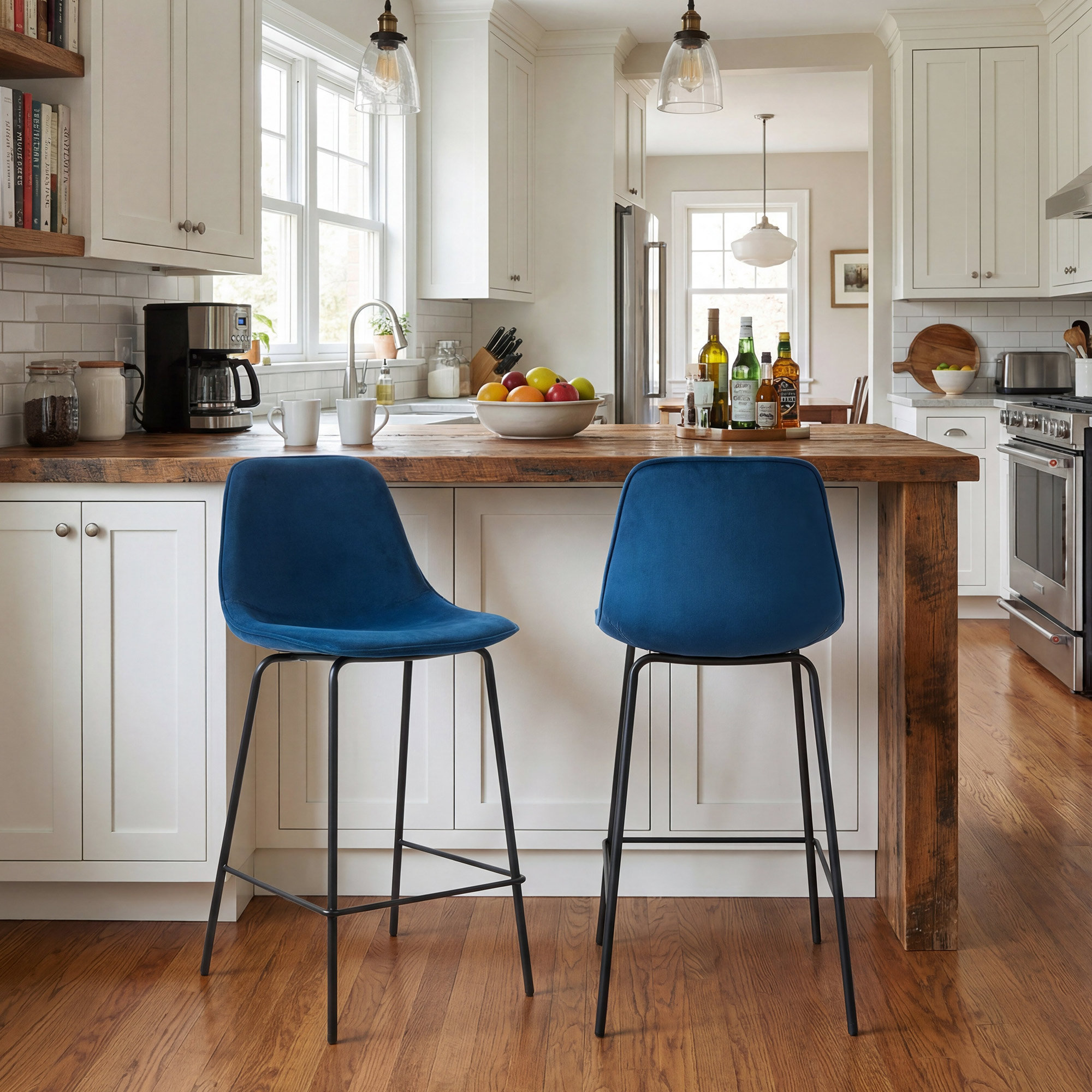 Kavi Upholstered Barstools, Blue Velvet, Counter Stool (24" Seat Height)