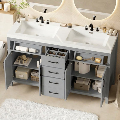 Meuble-lavabo double 59,3 po avec lavabo SMC, rangement rabattable et 3 tiroirs, caninets, transitionnel, salle de bain principale