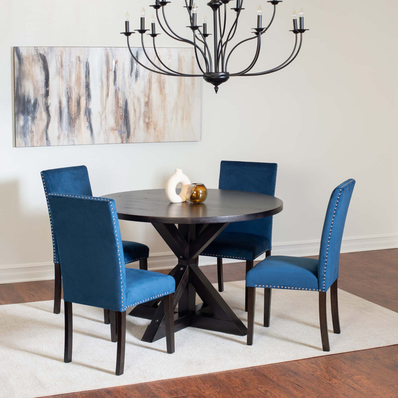 Ensemble de salle à manger 5 pièces, table à manger croisée avec 4 chaises en velours, Bleu marine / Noir