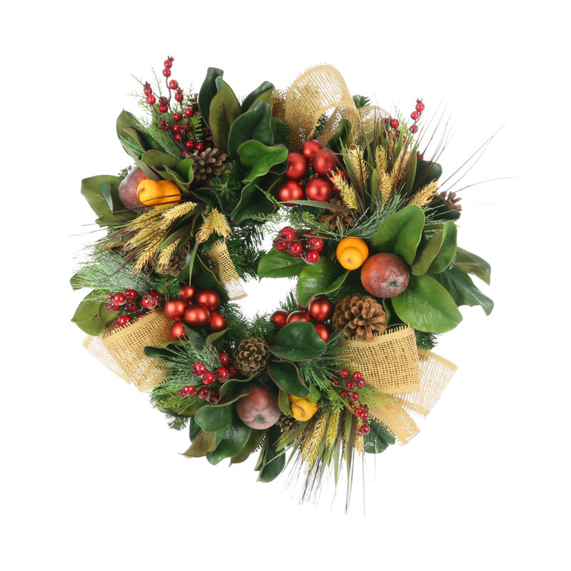 24" Magnolia Leaf And Fruit  Wreath With Ribbon