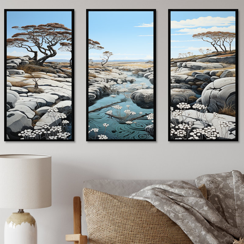 Ensemble de salon d'art mural Wild River Landscape - Coastal Coral Under Water, Cadre flottant noir