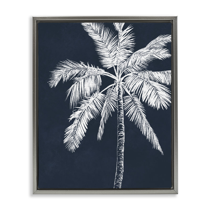 Toile flottante bleue et blanche avec palmiers, design par Leah Noel Art, H 21 po x l 17 po, Cadre flottant gris lustré