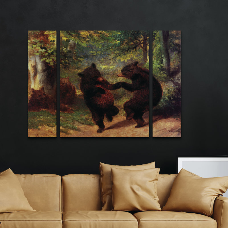 Ensemble de 3 panneaux muraux - Collection maîtresse «Dancing Bears», art mural sur toile pour le salon, la chambre à coucher ou le bureau 