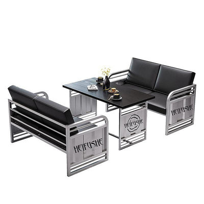 Industrial Style Card Seat Sofa Table Set 4 - Person Solid Wood Top Trestle Dining Set
