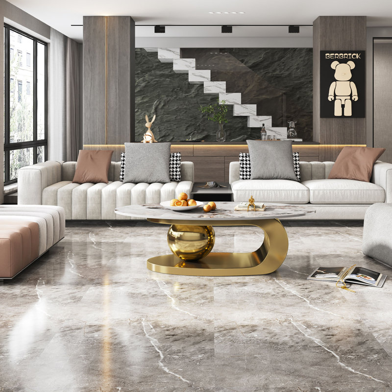 Luxury Oversize 49.2" Oval Coffee Table, Contemporary Center Table, Marble Coffee Table Top with Oversized Sphere Support for Living Room, Stainless Steel Base 