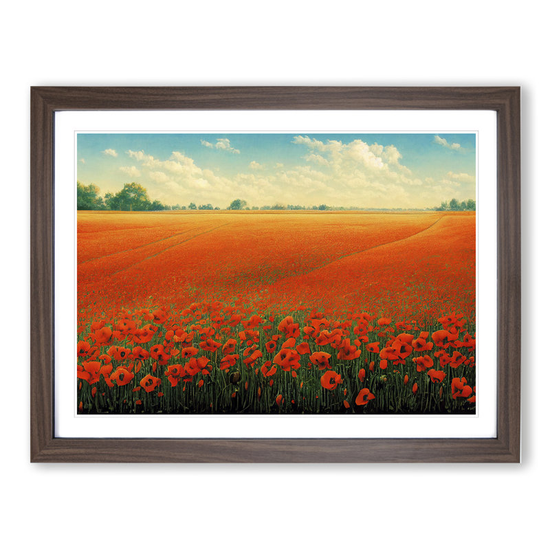 Majestic Poppy Field Flowers - Single Picture Frame Painting, 34cm H x 46cm W x 2cm D, Walnut