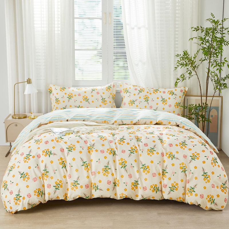 Ensemble de housse de couette jaune à motif floral 3 pièces Botanical Blossom Bedding