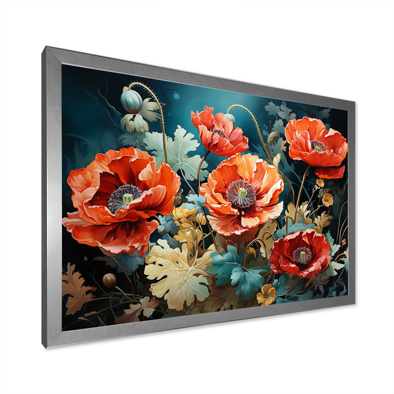 «Red and Green Poppy Reverie I», art mural coquelicots, Cadre de coin argenté fermé, H 16 po x l 32 po x P 1 po