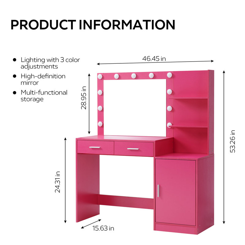 Dumt Vanity Desk with Mirror and Lights, Dressing Table with 2 Large Drawer&Large Vertical Organizer, 3 Level Dresser & 3 Lighting Modes Adjustable Brightness