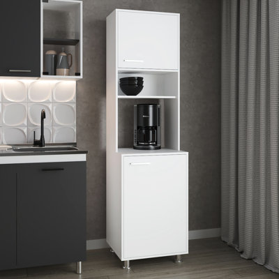 Kitchen Pantry In White Finish With Open Storage And 2 - Door Design, Metal Legs For A Stable Elegant Piece Tone Closet, Modern Accent