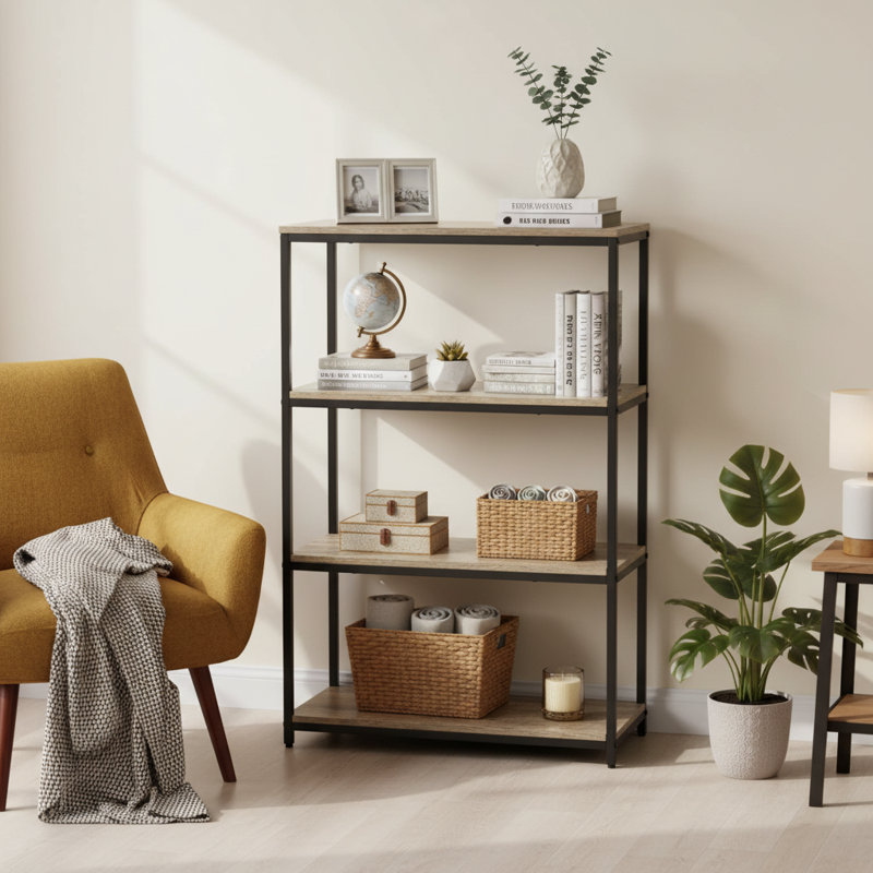 4-Tier Open Metal Frame Bookshelf With Vintage Brown Finish, Brown