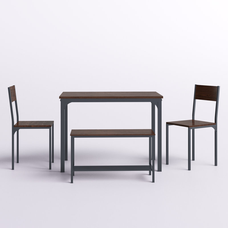 Pickell 4-Person Dining Table Set, 2 Chairs With Backrest,2-Person Bench With Storage Rack, Walnut