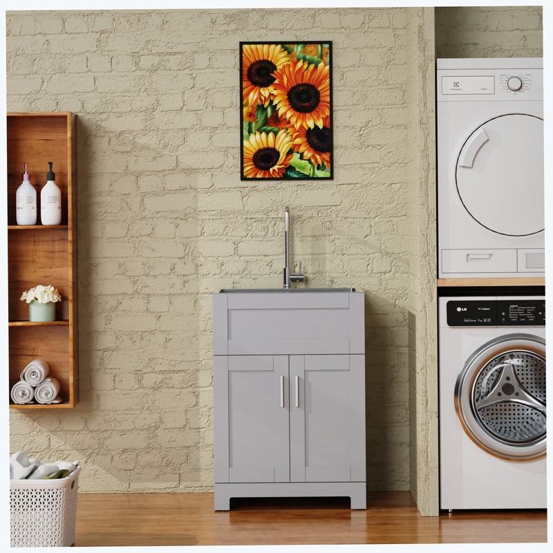 Armoire de buanderie 24 po avec lavabo en acier inoxydable, gris