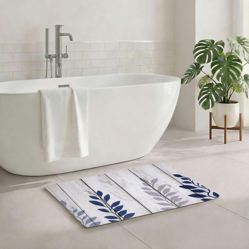Navy Blue Leaf Wood Plank Bath Rug, 20" X 32", For Bathroom, Entryway