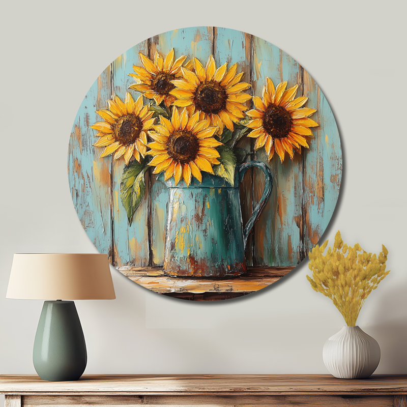 Tournesols dans un pichet en émail, L 23 po x H 23 po