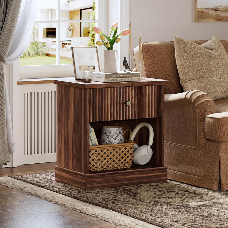 Modern Fluted Nightstand,Fluted End Table with Drawer & Open Shelf, Curved Base Storage Side Table, Brown