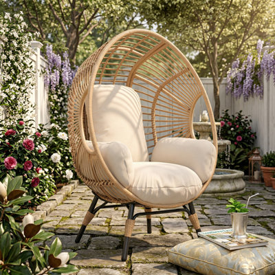 Elegant Arc Back Hanging Egg Chair, 400lb Capacity Patio Swing with 8-Inch Cushion, PE Rattan Outdoor Indoor Chair for Garden Lounge (Natural + PE Rattan+Iron + Foam)