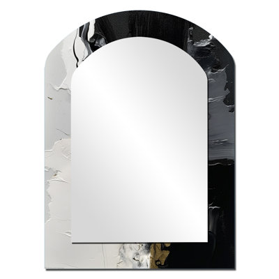 Black Textured Splash Paint Art I - Abstract Painting Asymmetrical Wall Mirror, Modern Arch Decorative Mirror, Printed Metal Art