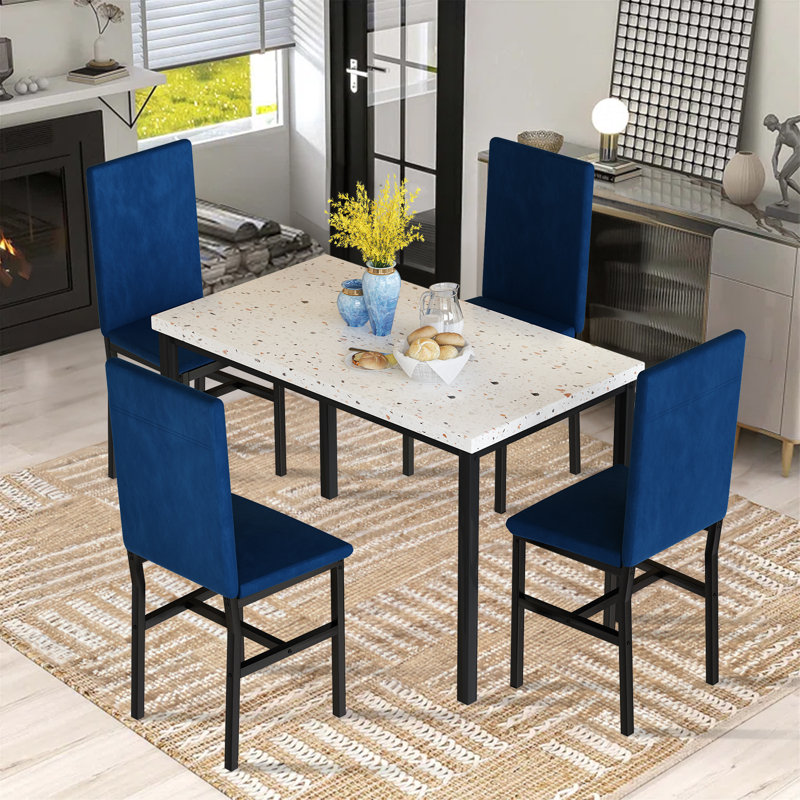 Keveen 5 - Person Faux Marble Top Four Leg Dining Set, Blue