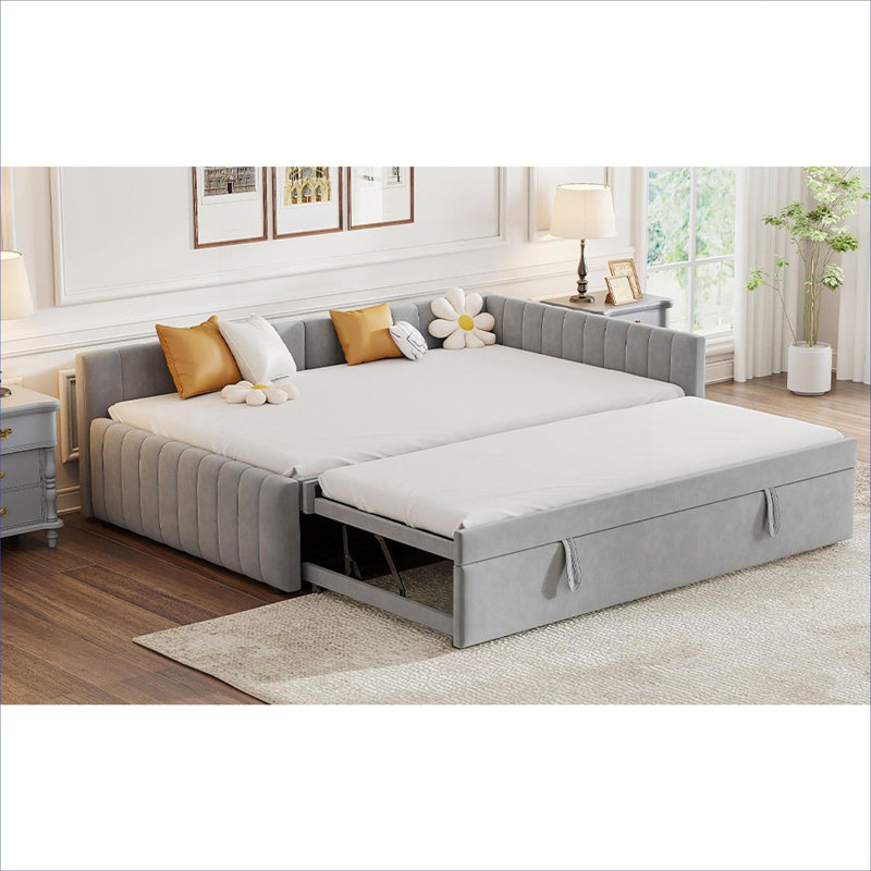 Guest Room and Sleepover Vertical Striped Full Size Upholstered L-Shaped Daybed with Pop-Up Twin Trundle, Slate Gray, Gray