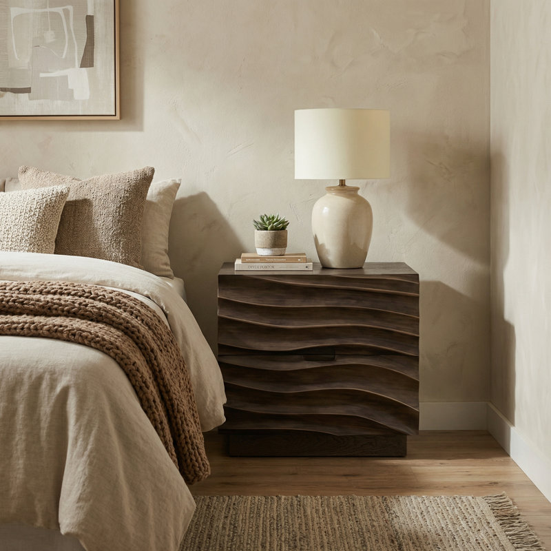 Table de chevet en bois massif avec 2 tiroirs, table de chevet moderne sans poignée pour chambre à coucher ou salon, ensemble de 2
