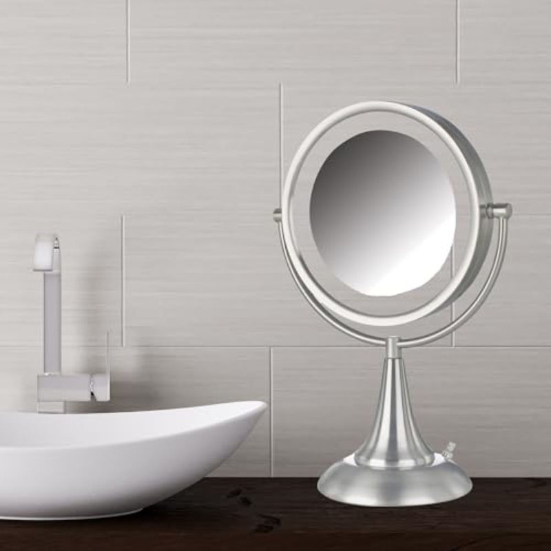 8.5" Lighted Tabletop Magnified Makeup Mirror, Plug In, Nickel