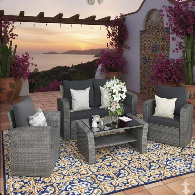 Ensemble de patio 4 pièces moderne en osier avec table en verre trempé, Noir