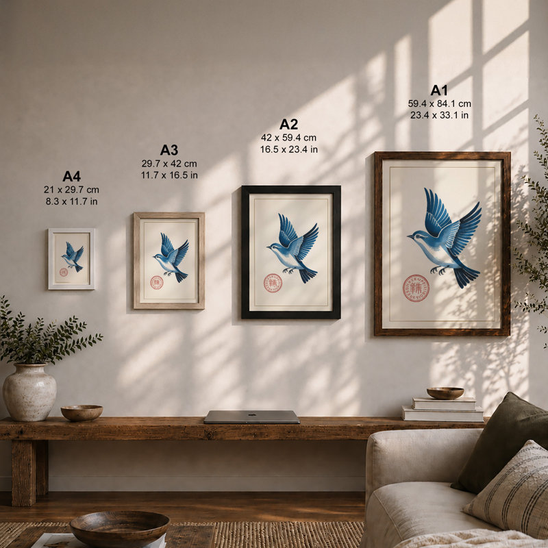 Blue Bird In Flight Japandi - Print, Unframed, A1 - 84.1 x 59.4 cm