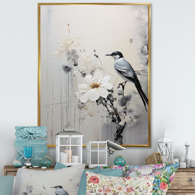 Minimalisme, oiseaux du paradis V sur toile, Cadre flottant doré, 32" H x 24" W