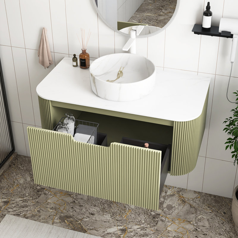 Meuble-lavabo mural avec plateau et tiroir, Vert, Marbre, 36"