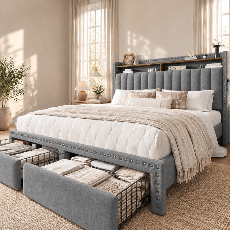 Cadre de lit Francille Queen Size capitonné avec décor de rivets, 2 tiroirs sous le lit, tête de lit à 2 niveaux avec poches latérales, sommier non requis