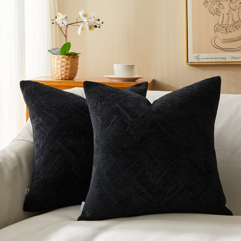  Chenille Throw Pillow Cover, 18" x 18" x 1", Black