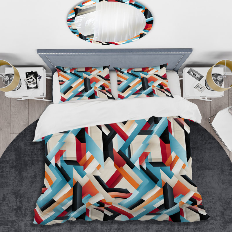 Turquoise Red Retro Futurism Geometric - Ensemble de housse de couette géométrique