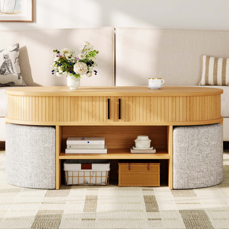 Table basse multifonctionnelle ovale avec rangement et 4 tabourets en tissu, parfaite pour les espaces de vie compacts et l'utilisation familiale