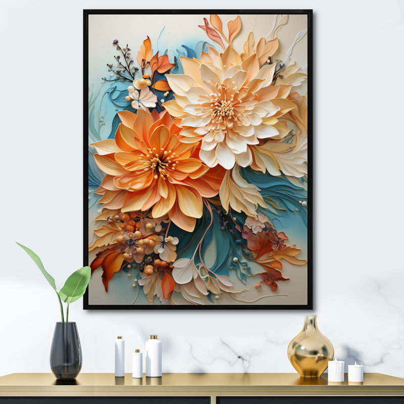 Orange et bleu sarcelle, tourbillon botanique I - art botanique abstrait, Reproduction avec cadre flottant, H 40 po x l 30 po