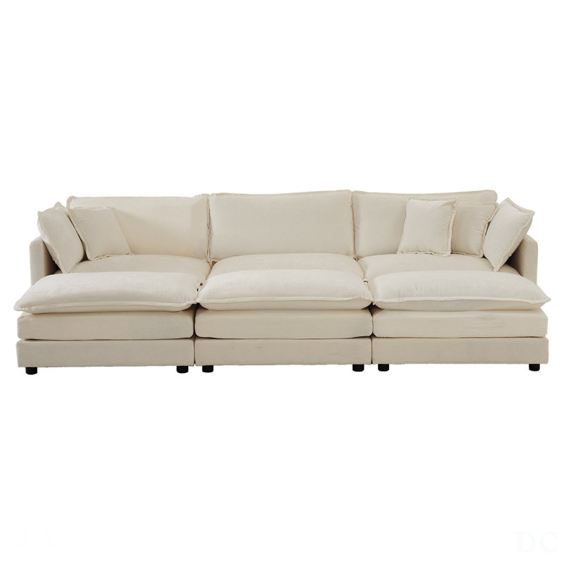 Canapé modulaire confortable à 3 places avec 3 repose-pieds, 3 coussins décoratifs et 2 coussins en chenille café clair