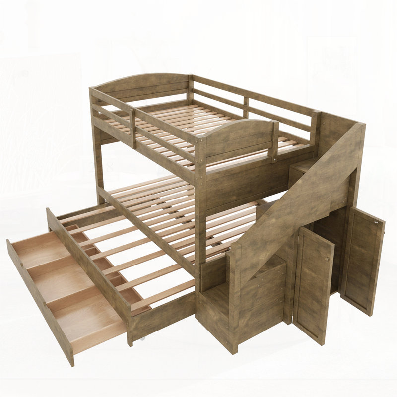 Lit superposé avec lit gigogne et trois tiroirs de rangement, escalier de rangement et garde-robe, Noyer
