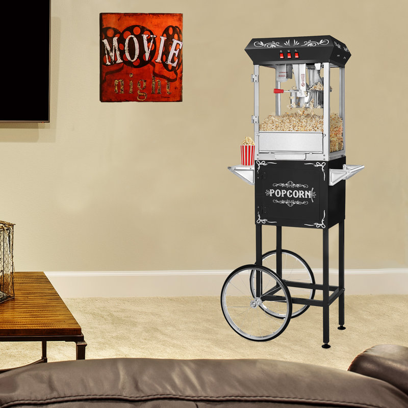Vintage Black Popcorn Machine with Cart and Stainless Steel Kettle